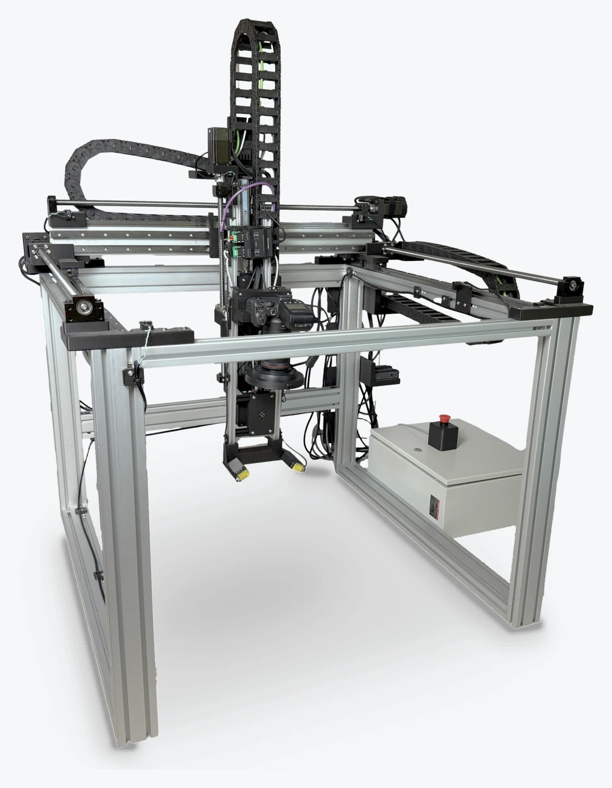 The OpenDerm robotic gantry, with its camera and lighting assembly suspended inside an aluminum frame.
